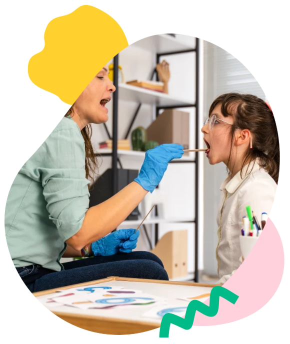 Composición gráfica abstracta con formas amarillas, rosas y verdes.